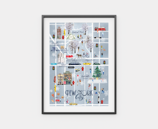 Framed watercolor map of New York City