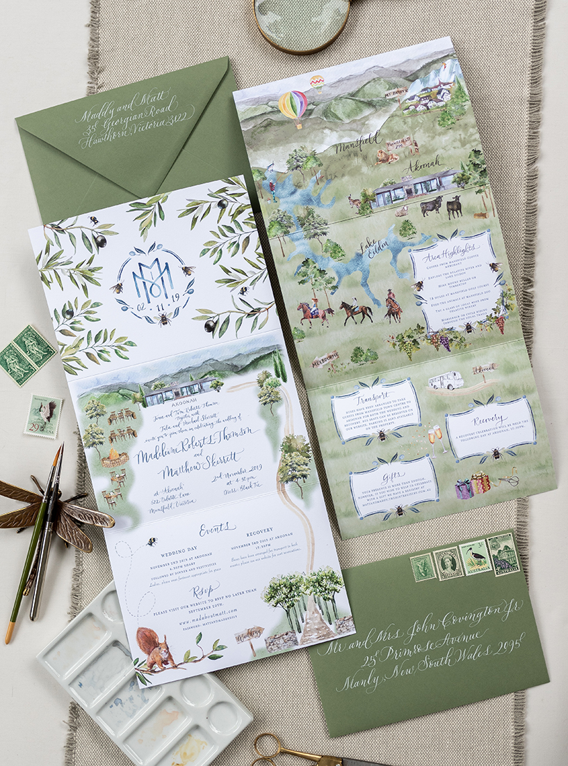 Watercolor wedding invitation, custom design