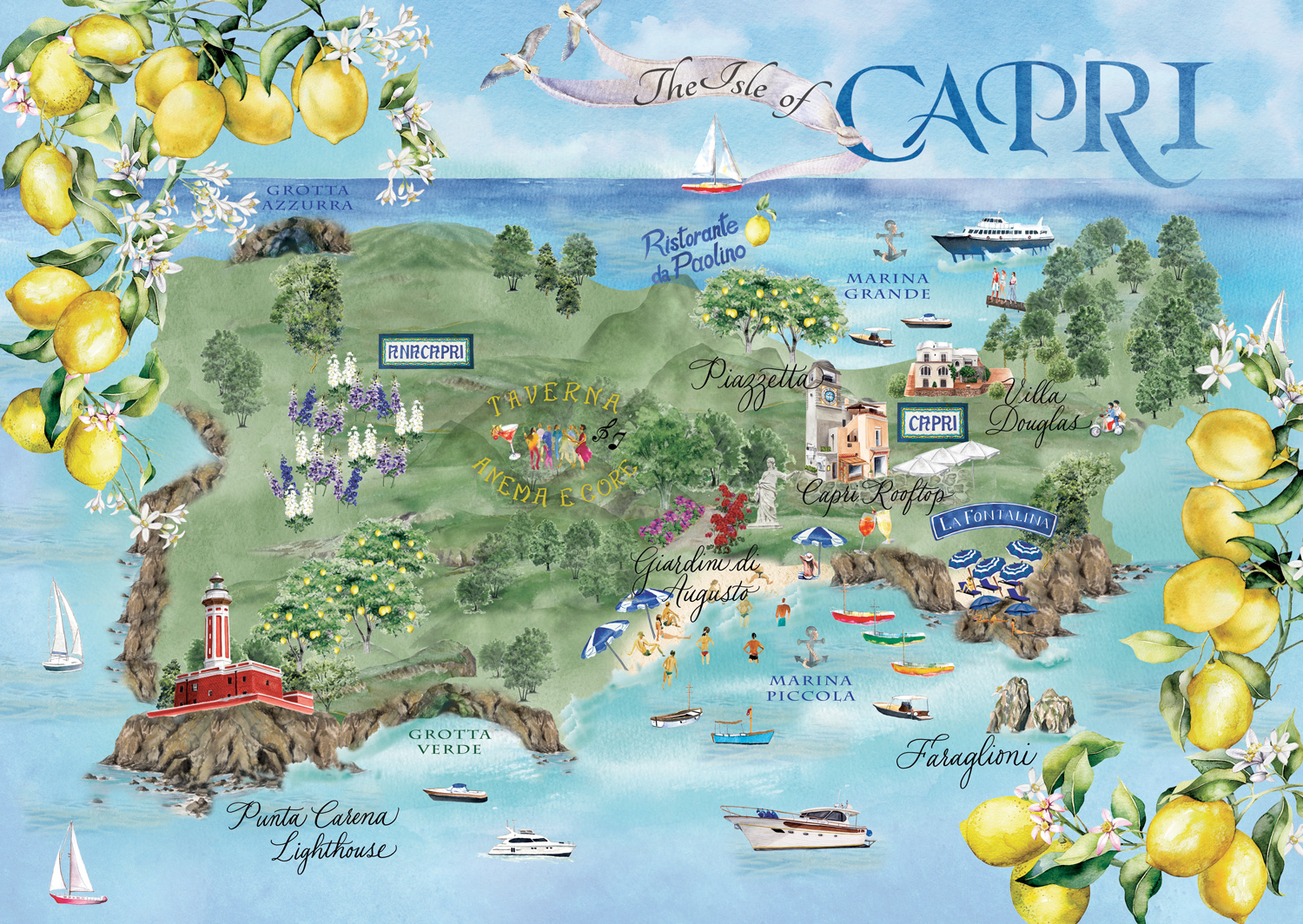 Watercolor map of Capri by Lemontree Paper Co