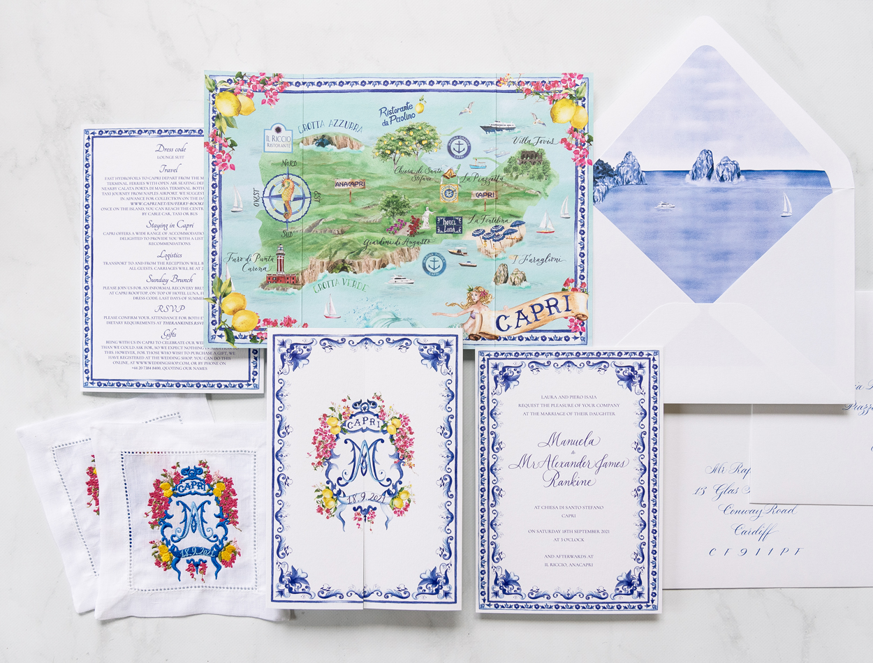 Watercolor Capri wedding invitations