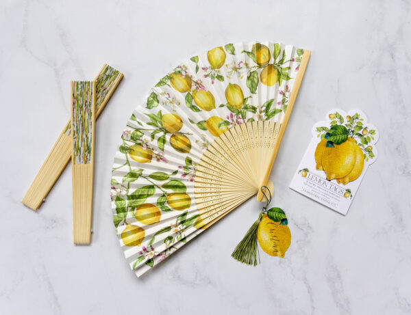 Wedding fans in bamboo with lemon print by Lemontree Paper Co